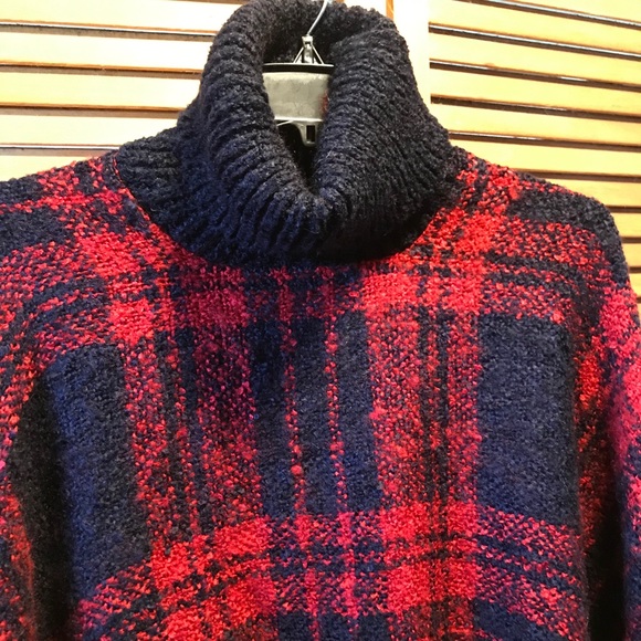 Navy Blue and Red Plaid Turtleneck Poncho - Picture 4 of 12